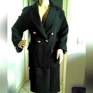 VINTAGE 2 PC. BLACK SKIRT SUIT BY MON-LIZ PARIS SILK / RAYON THIMBLE BUTTONS